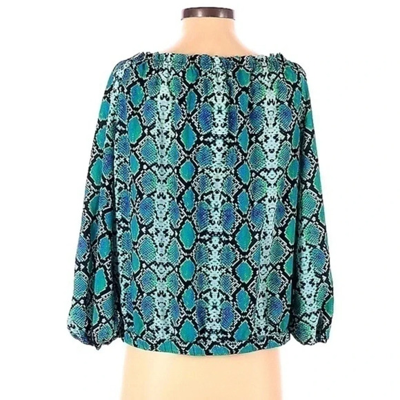 BCBGMAXAZRIA Teal Aqua Snakeskin Print Peasant Off The Shoulders Blouse Size S - Picture 2 of 4